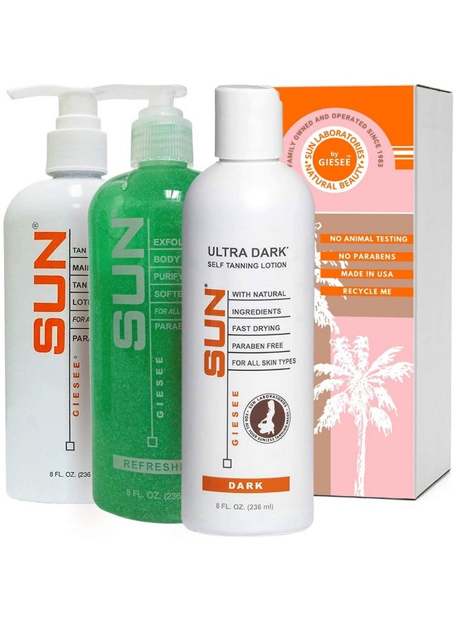 Sun Laboratories By Giesee Self Tanning Lotion, Tan Maintainer, and Exfoliant Body Gel - 3-Pack 8 Oz. Bottles, Non-Toxic Self Tanner, Ultra Dark Sunless Tanning Lotion
