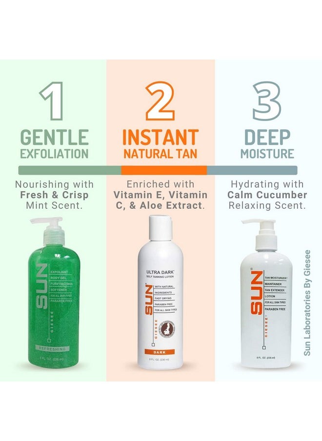 Sun Laboratories By Giesee Self Tanning Lotion, Tan Maintainer, and Exfoliant Body Gel - 3-Pack 8 Oz. Bottles, Non-Toxic Self Tanner, Ultra Dark Sunless Tanning Lotion