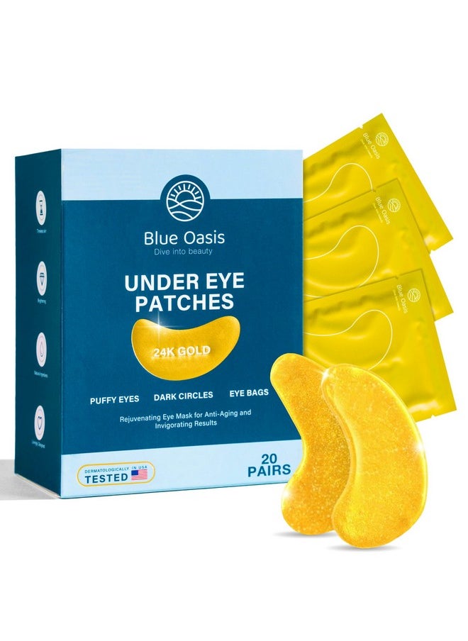 Blue Oasis Under Eye Patches for Puffy Eyes and Dark Circles - 20 Pairs Brightening 24K Gold Eye Mask, Hyaluronic Acid and Collagen Eye Care Gel Pads, Relaxing Self Care and Home Spa Gifts for Women
