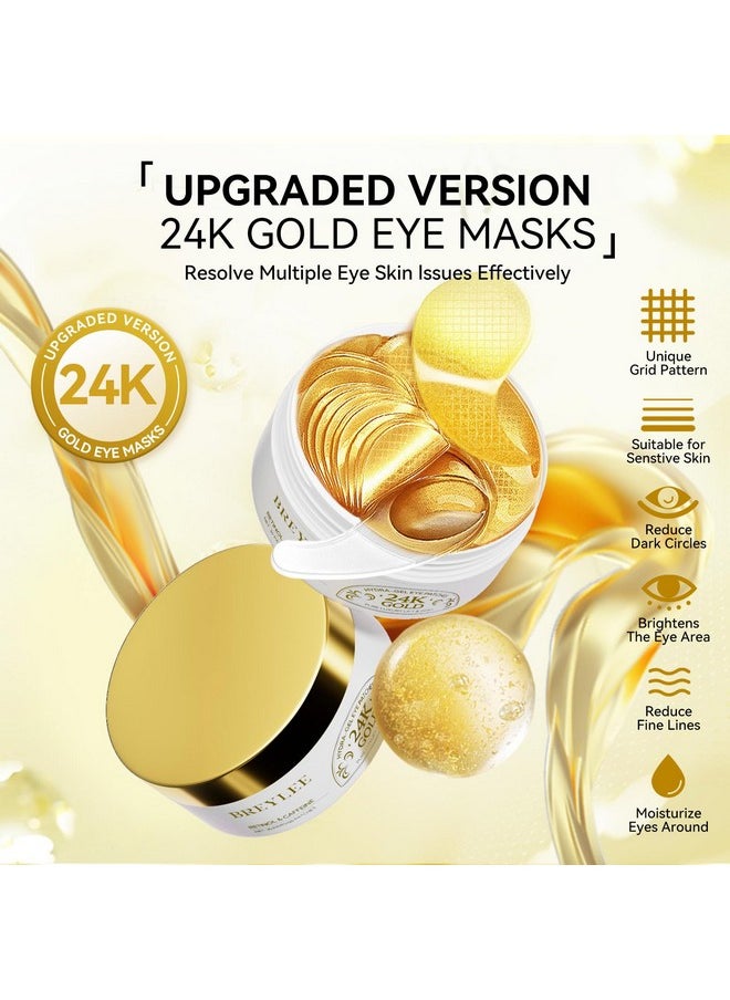 BREYLEE 24K Gold Eye Masks - 60 Pcs, Retinol & Caffeine Under Eye Patches for Reduce Fine Lines & Wrinkles, Puffy Eyes and Dark Circles Treatments, Improve and Firm Eye Skin