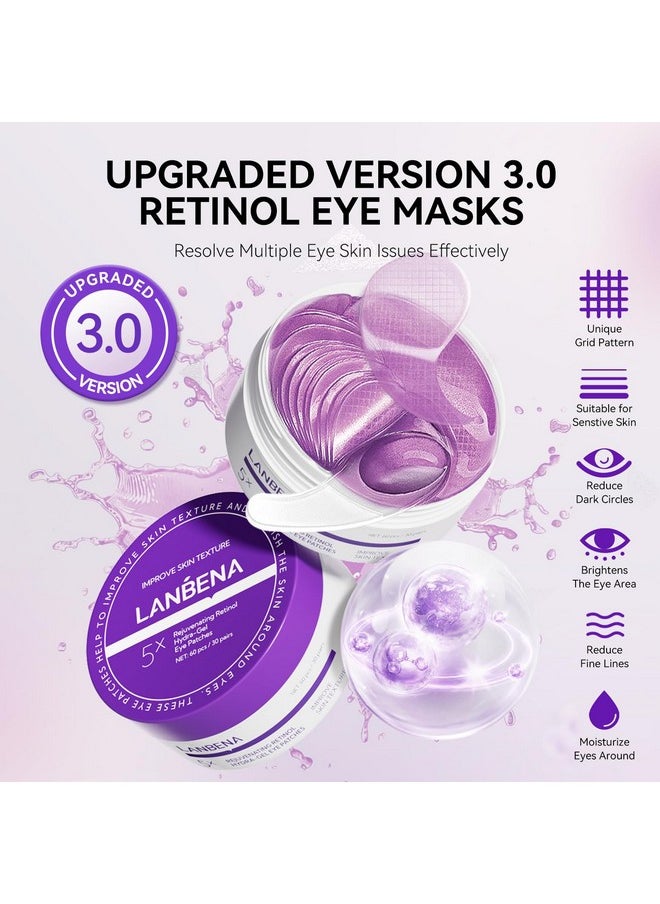 LANBENA Retinol Under Eye Patches for Dark Circles and Puffy Eyes, Cooling Eye Masks for Eye Bags, Fine Lines & Wrinkles Reduce, Anti-Aging, Hydra-Gel Collagen-30 Pairs