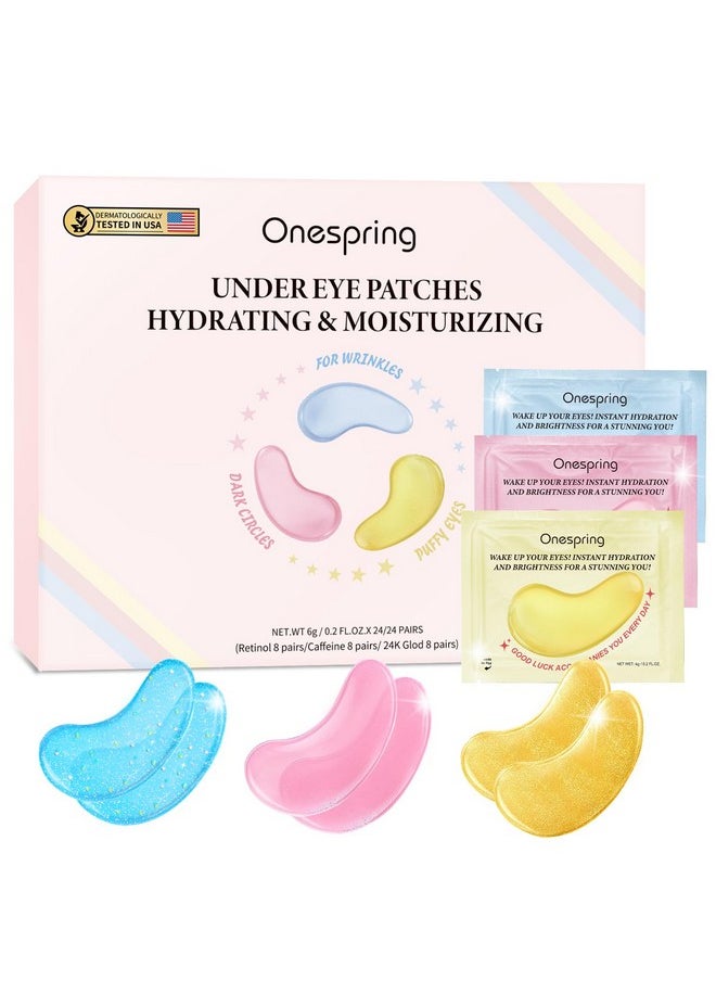 Onespring Eye Masks (24 Pairs) - Gifts for Her - Caffeine, 24K Gold and Retinol Under Eye Patches for Puffy Eyes, Dark Circles & Fine Lines, Bachelorette Party Favors, Birthday, Bridesmaid Gifts