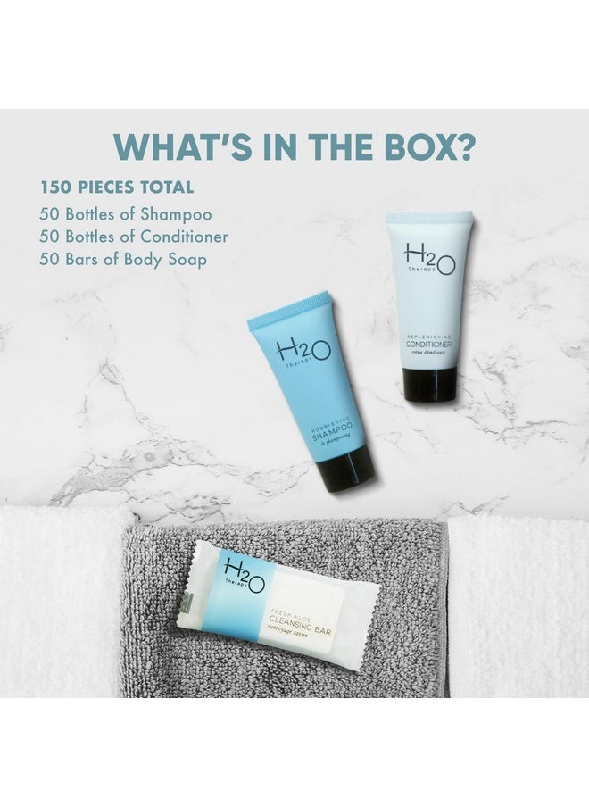 H2O Therapy Soaps & Toiletries Bulk Set | 1-Shoppe Amenities Kit for Hotels & Vacation Rentals | 0.85 oz Shampoo & Conditioner, 1 oz Bar Soap | Travel Size |150 Pieces