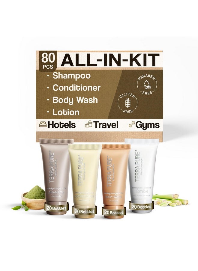 Terra Pure Spa Collection Bulk Set Toiletries | 1-Shoppe Amenities Kit for Hotels & Vacation Rentals | 0.85 oz Shampoo, Conditioner, Body Wash & Lotion | 80 Pieces