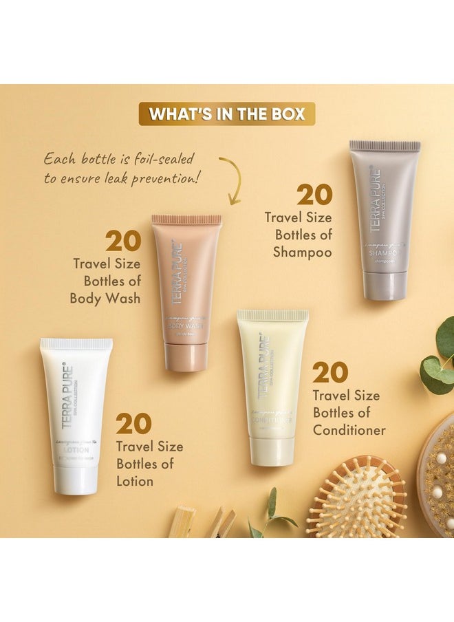 Terra Pure Spa Collection Bulk Set Toiletries | 1-Shoppe Amenities Kit for Hotels & Vacation Rentals | 0.85 oz Shampoo, Conditioner, Body Wash & Lotion | 80 Pieces