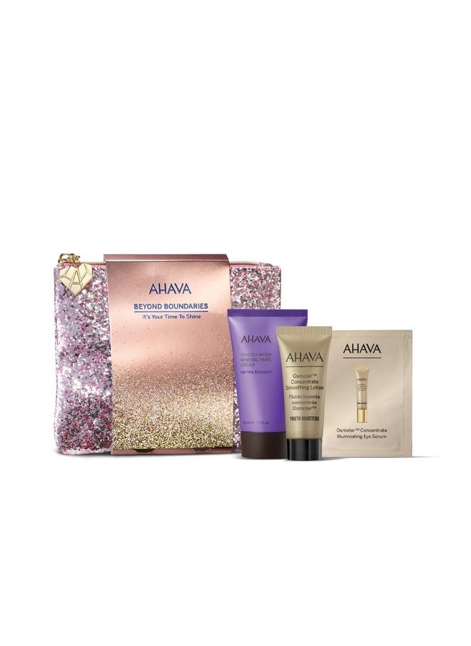 AHAVA It’s Your Time To Shine Gift Set - Includes Osmoter Concentrate Smoothing Lotion 0.5 Fl.Oz, Mineral Hand Cream Spring Blossom 1.3 Fl.Oz & Sample Sachet Dead Sea Osmoter Concentrate Eye Cream