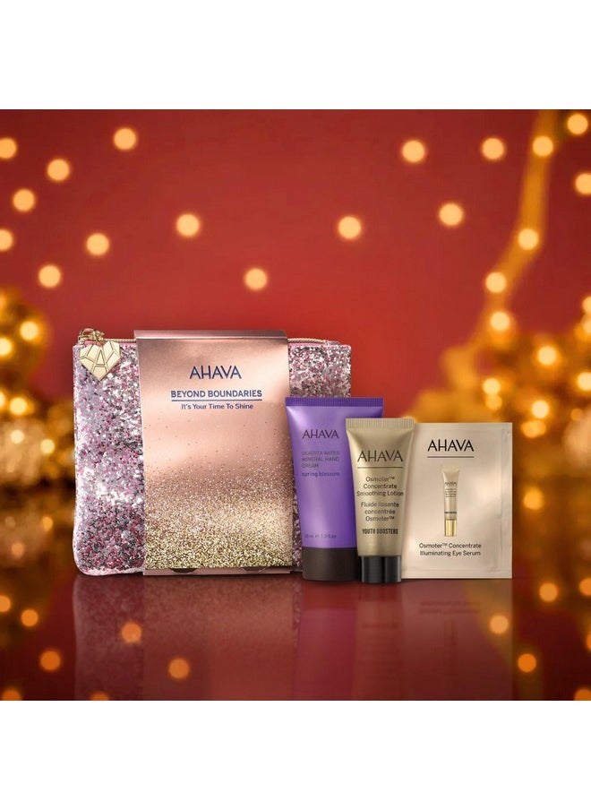 AHAVA It’s Your Time To Shine Gift Set - Includes Osmoter Concentrate Smoothing Lotion 0.5 Fl.Oz, Mineral Hand Cream Spring Blossom 1.3 Fl.Oz & Sample Sachet Dead Sea Osmoter Concentrate Eye Cream