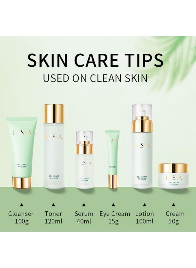 AESTHTANY Sea Grape Skincare Set, 6-In-1 Skincare Gift Set With Facial Cleanser, Toner, Serum, Eye Cream, Lotion & Cream, Moisturizing Skin Care Kit For Women
