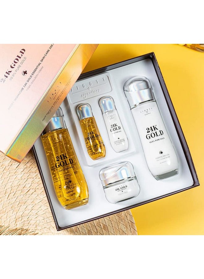 Jigott - Signature 24K Gold Essential Skin Care 3 Set - Toner (150ml), Emulsion (150ml), Cream (50ml) - Korean Skincare for Healthy and Glowing Skin