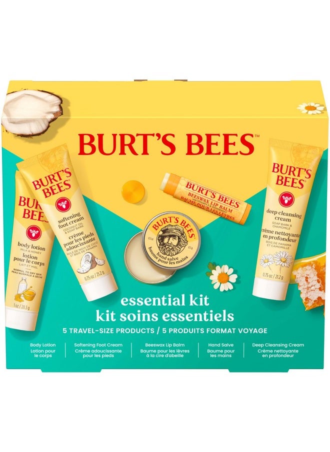 Burt's Bees Gift Ideas - Essentials Everyday Set, 5 Travel Size Products - Deep Cleansing Cream, Hand Salve, Body Lotion, Foot Cream and Original Lip Balm