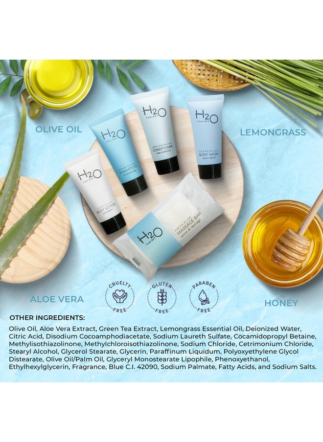 H2O Therapy Amenity Kit | Hotel Bulk Toiletries | 0.85 oz Shampoo, Conditioner, Lotion, Body Wash, Body Bar Soap for Guest Hospitality Vacation Rentals | 1 Set/Case