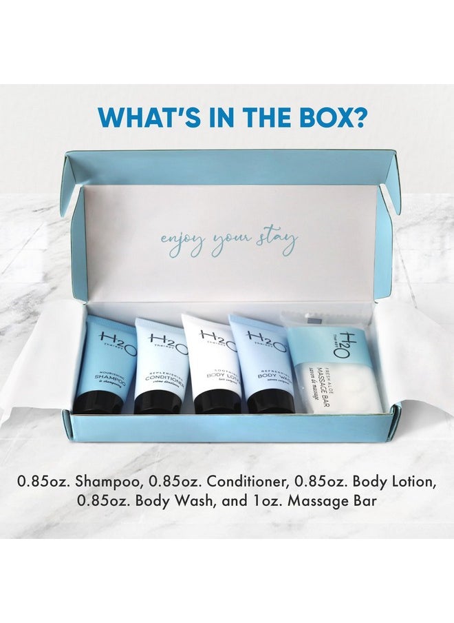 H2O Therapy Amenity Kit | Hotel Bulk Toiletries | 0.85 oz Shampoo, Conditioner, Lotion, Body Wash, Body Bar Soap for Guest Hospitality Vacation Rentals | 1 Set/Case