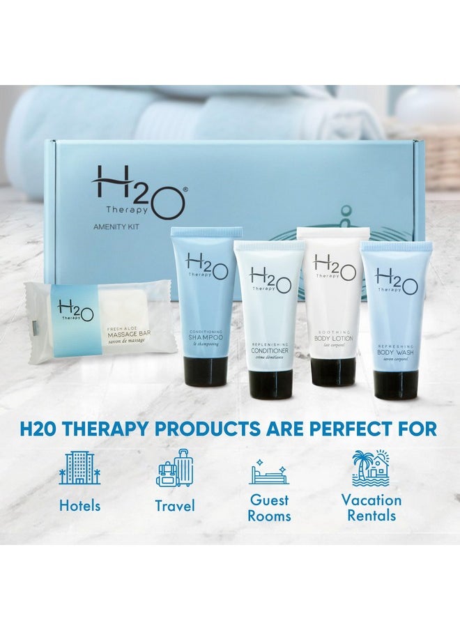 H2O Therapy Amenity Kit | Hotel Bulk Toiletries | 0.85 oz Shampoo, Conditioner, Lotion, Body Wash, Body Bar Soap for Guest Hospitality Vacation Rentals | 1 Set/Case
