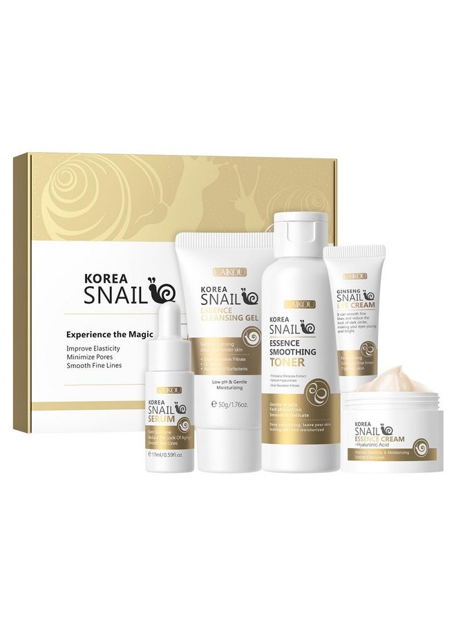 LAIKOU Korean Skin Care, Skin care set, Skin Care Kit Snail and Ginseng with Cleansing Gel, Toner, Eye Cream, Serum, Essence Cream 5pcs for Women Teen Girls Mom Daughter Mother's Day Birthday