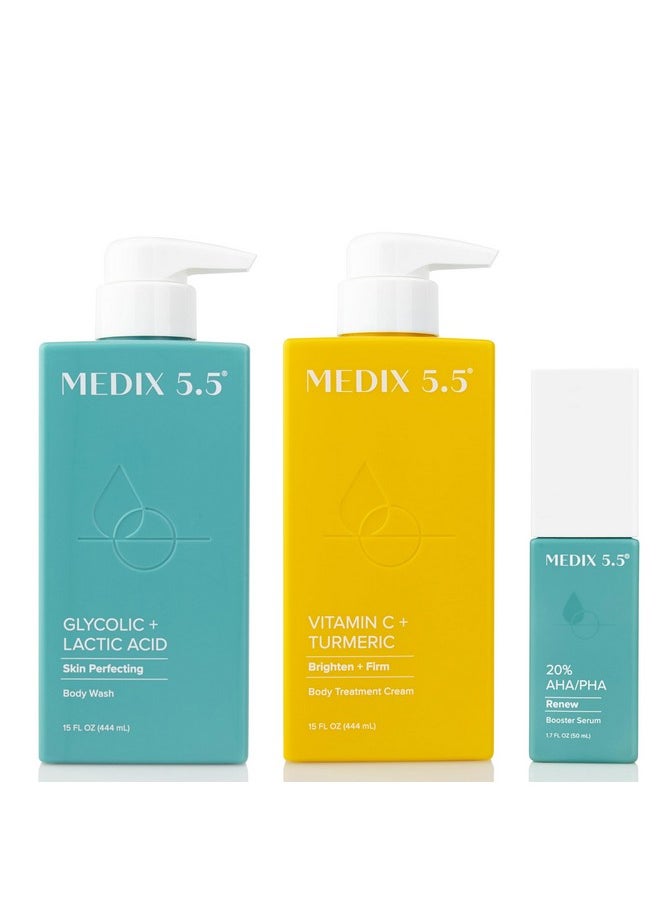 Medix 5.5 Anti Aging Skin Care 3PC Set, Vitamin C Body Cream + Exfoliating AHA Glycolic Acid Foaming Face Wash & Body Wash + 10% AHA Exfoliating Serum For KP Bumps, 3pc Skincare Set