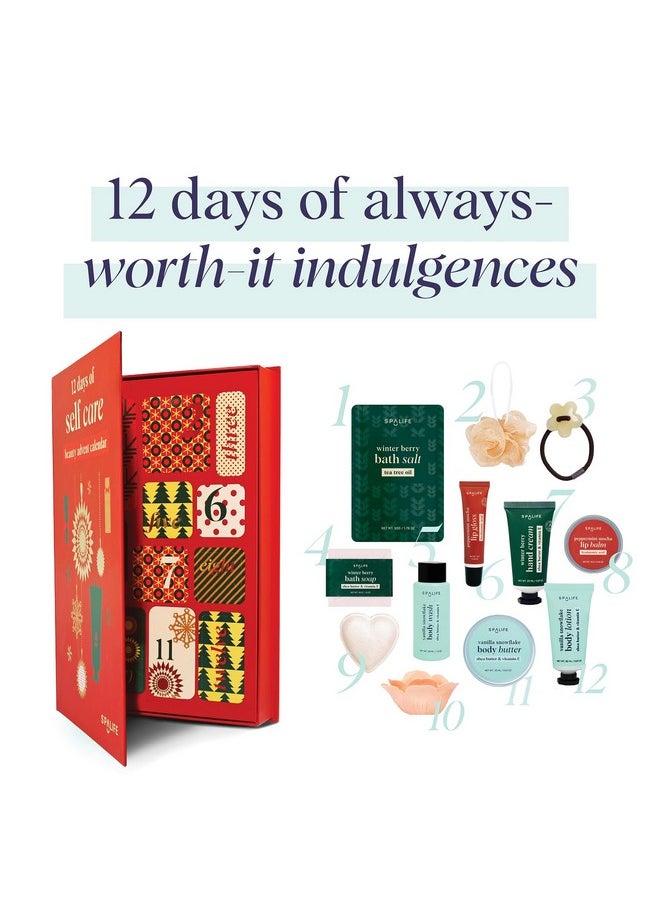 SpaLife Holiday 12-Day Beauty Advent Calendar - Travel-Friendly Skincare - Gift Set - 12 Days of Self-Care Spa Set - Body Care Skin Care - SpaLife Holiday Stocking Stuffer