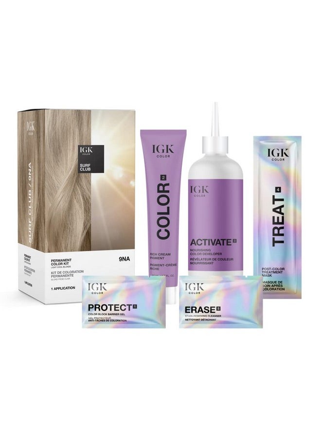 IGK Permanent Hair Color Kit | 9NA Surf Club - Light Cool Blonde | 100% Gray Color Coverage + Strengthen + Shine | Ammonia Free