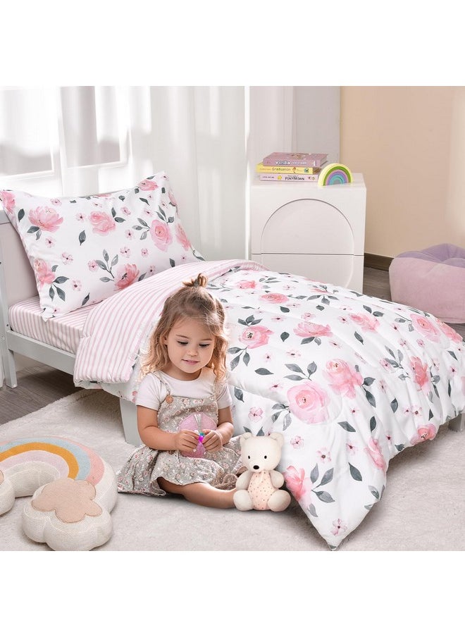 PHF 4 Piece Toddler Bedding Set, Ultra Soft Toddler Comforter Sets Include Comforter, Fitted Sheet, Flat Top Sheet and Pillowcase for Girls, Floral Bed in A Bag for Baby Bedroom, Floral