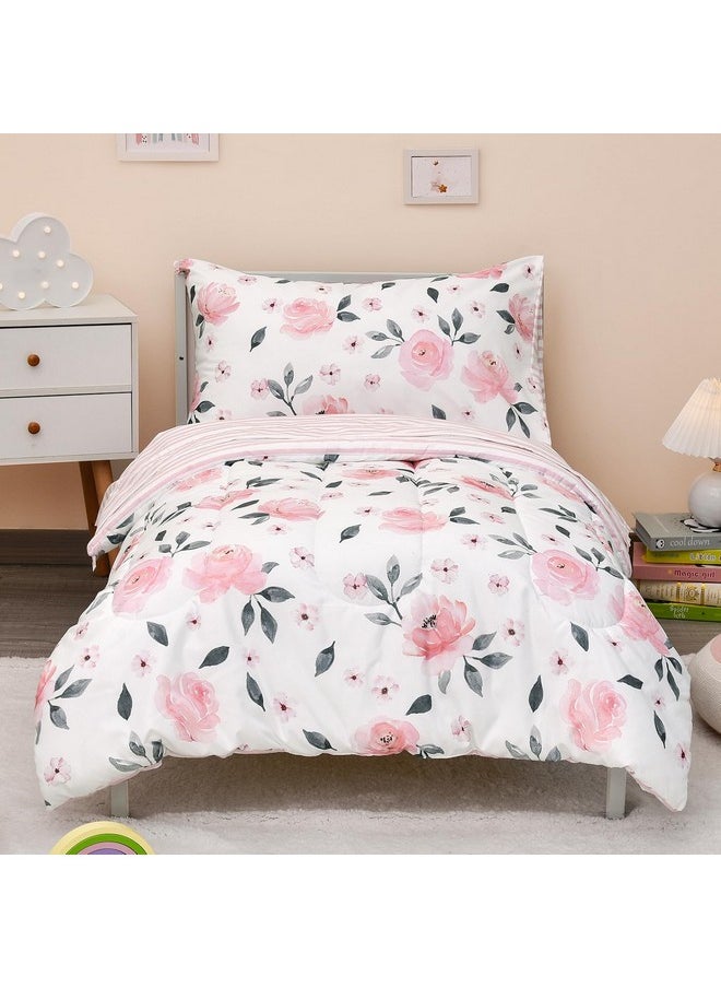 PHF 4 Piece Toddler Bedding Set, Ultra Soft Toddler Comforter Sets Include Comforter, Fitted Sheet, Flat Top Sheet and Pillowcase for Girls, Floral Bed in A Bag for Baby Bedroom, Floral