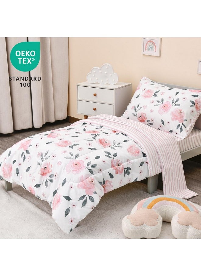 PHF 4 Piece Toddler Bedding Set, Ultra Soft Toddler Comforter Sets Include Comforter, Fitted Sheet, Flat Top Sheet and Pillowcase for Girls, Floral Bed in A Bag for Baby Bedroom, Floral