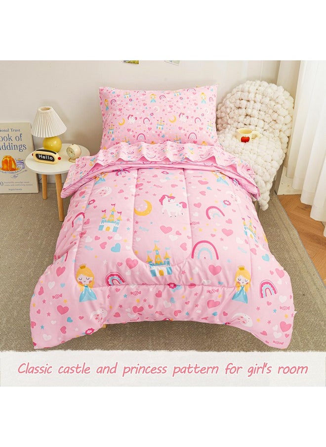 Viviland Castle Princess Toddler Comforter Sets, Cute Girls Toddler Bedding Set, Soft Microfiber Pink Toddler Bed Set