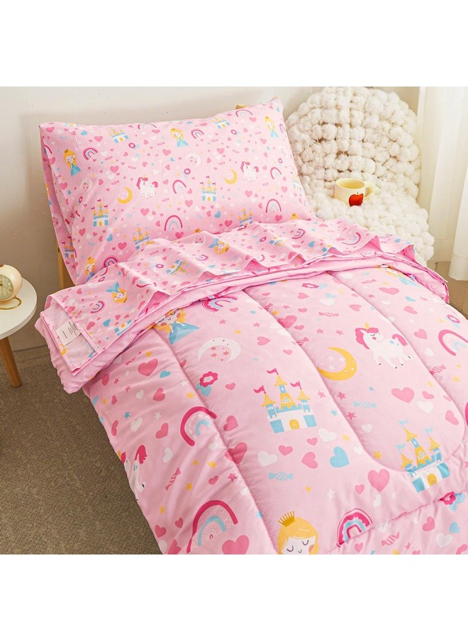 Viviland Castle Princess Toddler Comforter Sets, Cute Girls Toddler Bedding Set, Soft Microfiber Pink Toddler Bed Set