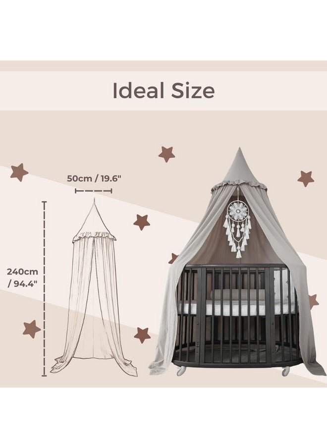 Wonder Space Kids Bed Canopy with Ruffles, Lace Frilled Cotton Tent Net, Pastel Neutral Colors for Boys & Girls, Nursery Room Baby Crib Hanging Curtain Mosquito Net Children Reading Nook Decor (Grey)