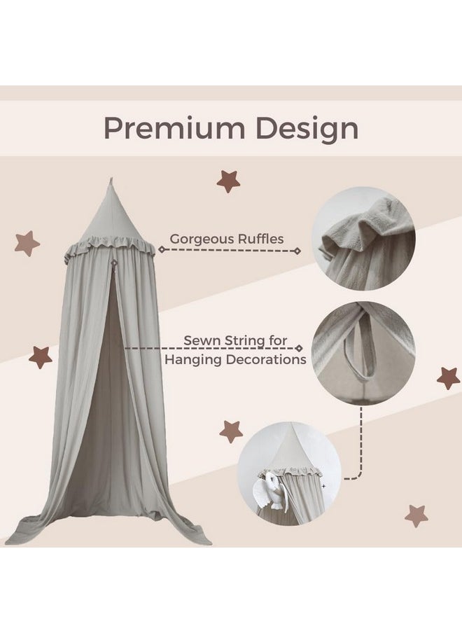 Wonder Space Kids Bed Canopy with Ruffles, Lace Frilled Cotton Tent Net, Pastel Neutral Colors for Boys & Girls, Nursery Room Baby Crib Hanging Curtain Mosquito Net Children Reading Nook Decor (Grey)