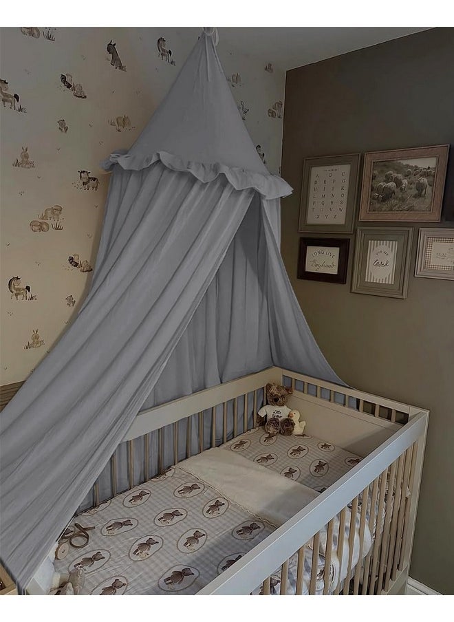 Wonder Space Kids Bed Canopy with Ruffles, Lace Frilled Cotton Tent Net, Pastel Neutral Colors for Boys & Girls, Nursery Room Baby Crib Hanging Curtain Mosquito Net Children Reading Nook Decor (Grey)