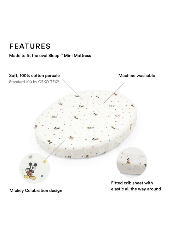 Stokke Sleepi Mini Fitted Sheet, Mickey Celebration - Soft Sheets for Sweet Dreams - Made for The Oval Sleepi Mini Mattress - Safe, Stylish & Washable - 100% Fine Cotton Percale