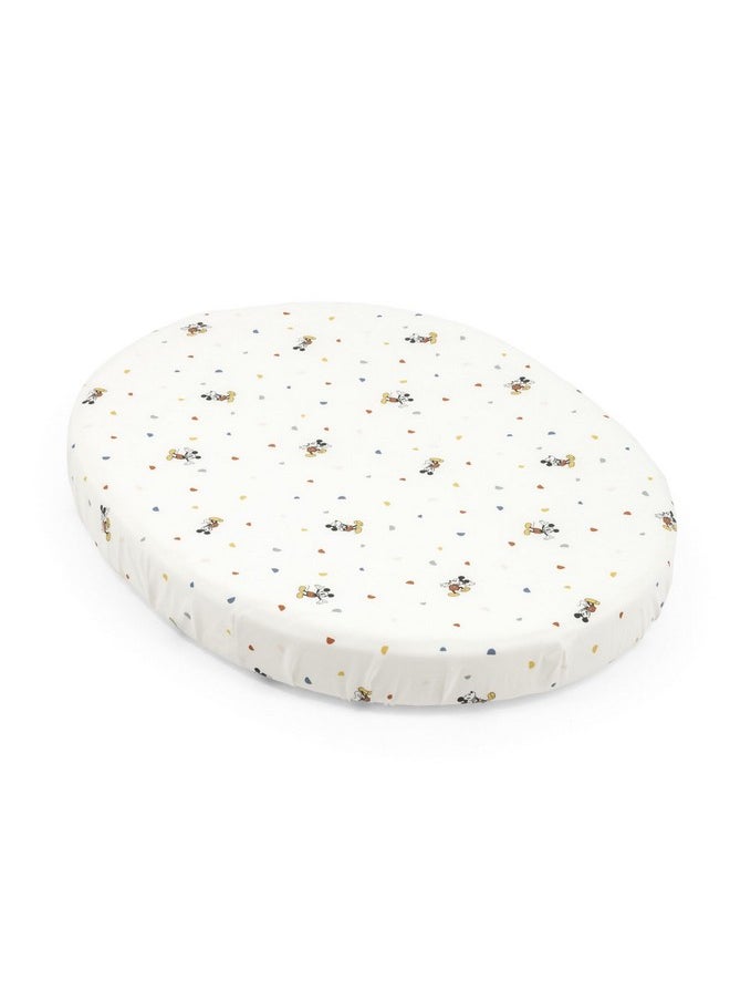 Stokke Sleepi Mini Fitted Sheet, Mickey Celebration - Soft Sheets for Sweet Dreams - Made for The Oval Sleepi Mini Mattress - Safe, Stylish & Washable - 100% Fine Cotton Percale