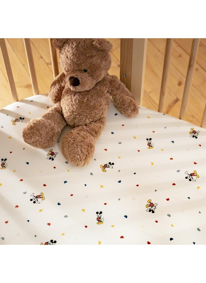 Stokke Sleepi Mini Fitted Sheet, Mickey Celebration - Soft Sheets for Sweet Dreams - Made for The Oval Sleepi Mini Mattress - Safe, Stylish & Washable - 100% Fine Cotton Percale