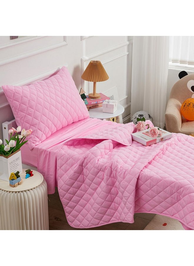 Wowelife 4 Pieces Toddler Bedding Set Pink, Upgraded Pink Comforter Set for Girls and Boys, Crib Sheet Set Lightweight, Super Breathable and Comfortable for Toddlers
