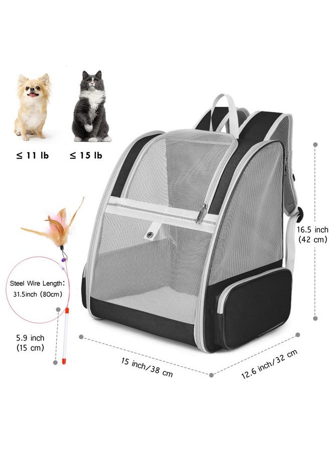Cat Backpack Carrier, Large Pet Backpack with Kitten Wand Feather Toy for Medium Small Dog Cat Puppy Kitty Bunny up to 15lbs, Ventilated Mesh Dog Travel Carrier for Hiking Walking Outdoor Use (Black)