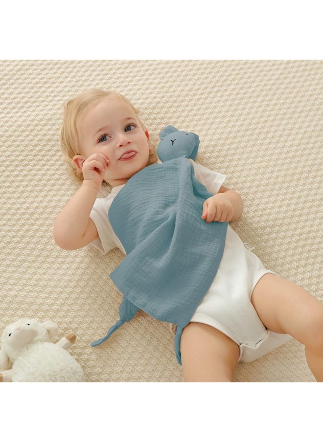 insular Bunny Lovey Blanket for Boys and Girls, Organic Cotton Muslin Security Blanket for Babies, Soft Breathable Lovie Soothing Towel for Newborn and Infant, 2 Pcs Set (Blue&Grey)