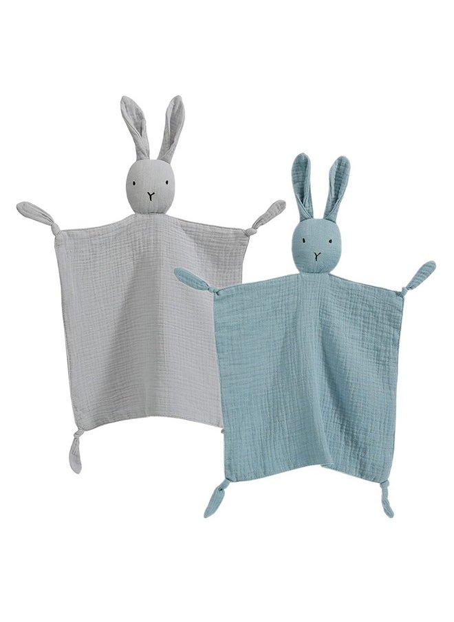 insular Bunny Lovey Blanket for Boys and Girls, Organic Cotton Muslin Security Blanket for Babies, Soft Breathable Lovie Soothing Towel for Newborn and Infant, 2 Pcs Set (Blue&Grey)