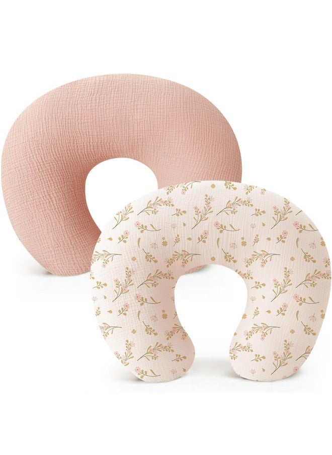 Konssy 2-Pack Muslin Nursing Pillow Covers, Soft & Adorable Nursing Covers for Breastfeeding Pillows, Slipcovers for Newborn Boys & Girls(Pink, Floral)