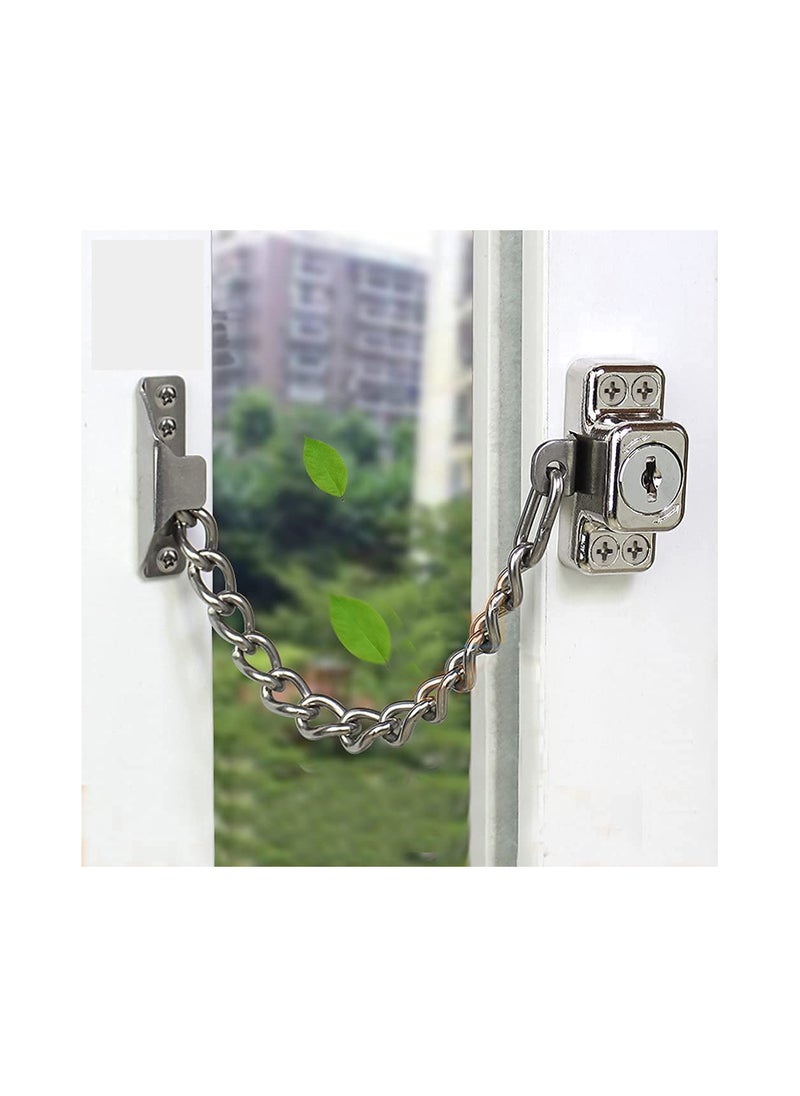 Stainless Steel Window Chain Lock Guard Door Restrictor Child Safety Security Chain Lock for Flat Open Windows Anti Theft Home Hardware Opening Restrictor Lock with Key