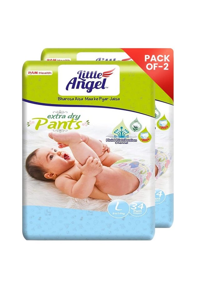 Little Angel Extra Dry Baby Pants Diaper, Large (L) Size, 68 Count, Super Absorbent Core Up to 12 Hrs. Protection, Soft Elastic Waist Grip & Wetness Indicator, Pack of 2, 34 count/pack, 8-14kg
