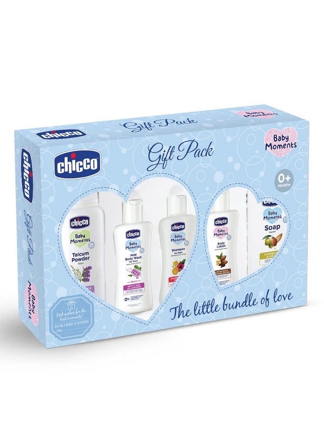 Chicco Baby Moments Baby Essentials Gift Pack (Blue) with 5 Baby Skin & Haircare Products | Phenoxyethanol Free