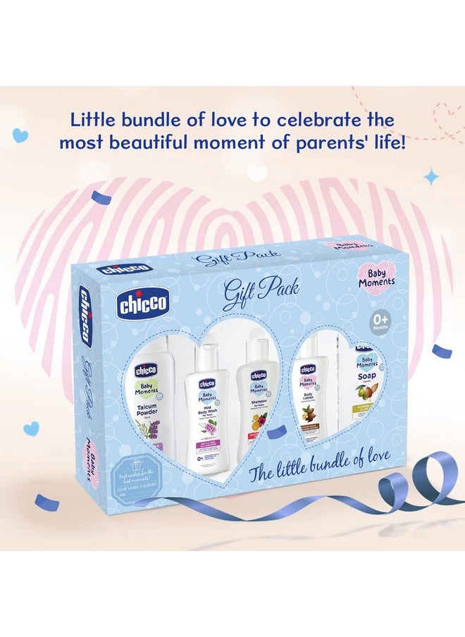 Chicco Baby Moments Baby Essentials Gift Pack (Blue) with 5 Baby Skin & Haircare Products | Phenoxyethanol Free