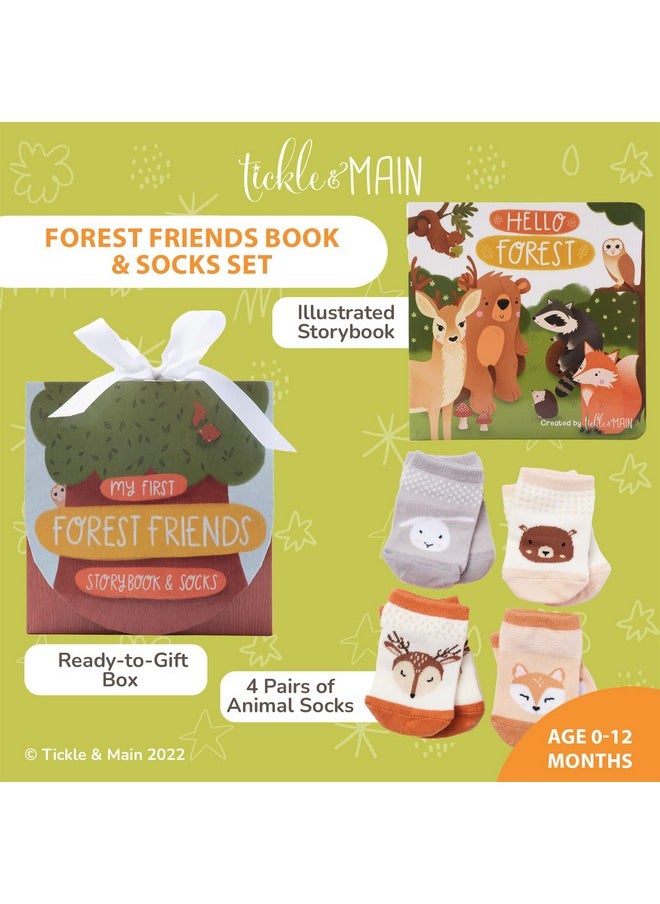 Tickle & Main Woodland Forest Friends Baby Book - 5-Piece Set for Infants 0-12 Months - Includes Storybook and 4 Pairs of Animal Socks - Forest Theme Baby Stuff