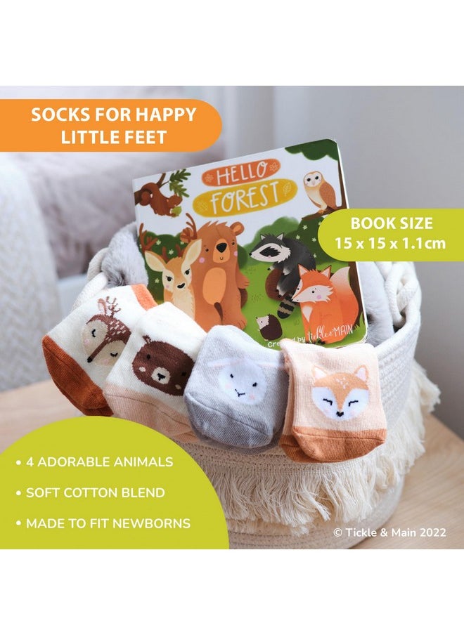 Tickle & Main Woodland Forest Friends Baby Book - 5-Piece Set for Infants 0-12 Months - Includes Storybook and 4 Pairs of Animal Socks - Forest Theme Baby Stuff
