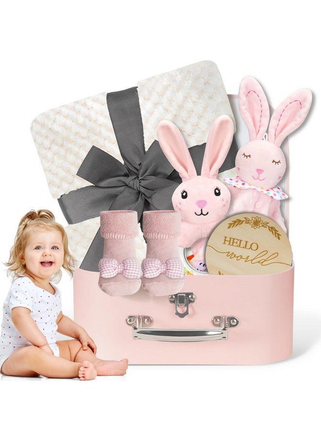 Baby Girl Gifts Newborn Gift Set, Baby Girl Newborn Essentials Gift Basket, Multiple Pieces Baby Girl Gift Basket with Baby Bunny Handbell, Baby Blanket, Keepsake Milestone, Bunny Toy, Baby Socks