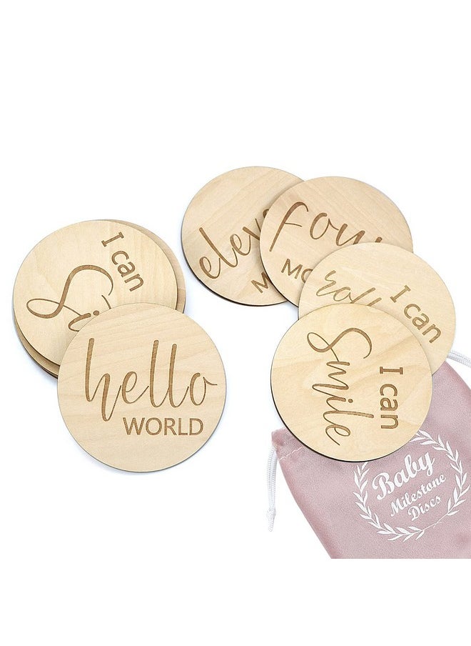Baby Milestone Cards Wooden Monthly Cards and Infant First, Double Sided Engraved Photo Prop Discs,Gift Set for Baby Shower and Newborn,Come with Velvet Gift Bag (Round style2)