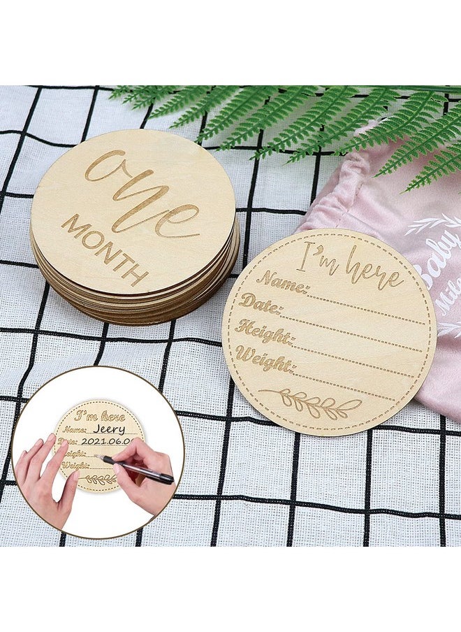 Baby Milestone Cards Wooden Monthly Cards and Infant First, Double Sided Engraved Photo Prop Discs,Gift Set for Baby Shower and Newborn,Come with Velvet Gift Bag (Round style2)