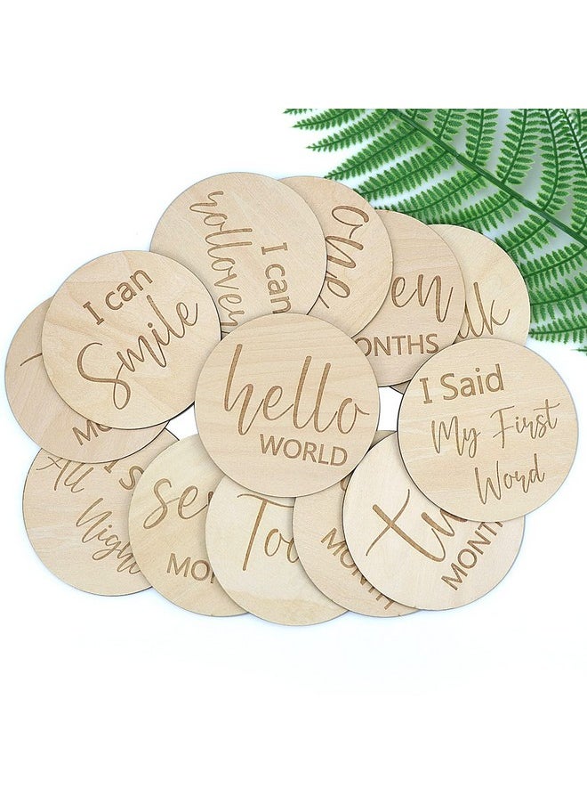 Baby Milestone Cards Wooden Monthly Cards and Infant First, Double Sided Engraved Photo Prop Discs,Gift Set for Baby Shower and Newborn,Come with Velvet Gift Bag (Round style2)