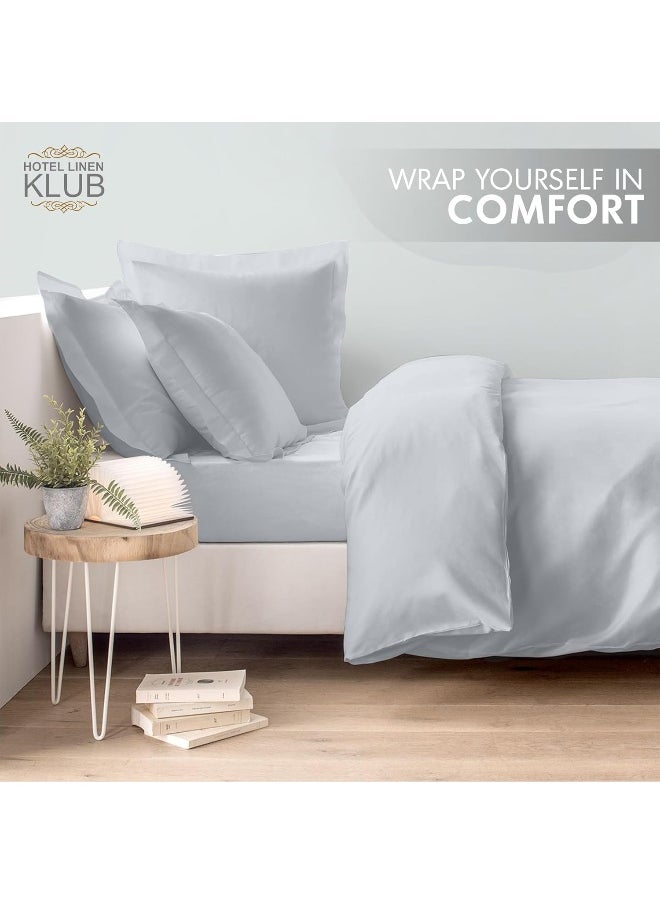 Hotel Linen Klub Queen Duvet Cover 3PC Set - 350TC 100% Long Staple Cotton Sateen -Luxury Quality, Easy Button Closure, Size: 220x230cm + 2PC Pillow Sham 50 x 75+ 5cm, Silver