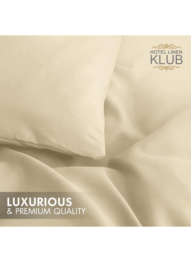 Hotel Linen Klub Double Duvet Cover 3PC Set - 350TC 100% Long Staple Cotton Sateen -Luxury Quality, Easy Button Closure, Size: 200x200cm + 2PC Pillow Sham 50 x 75+ 5cm, Beige