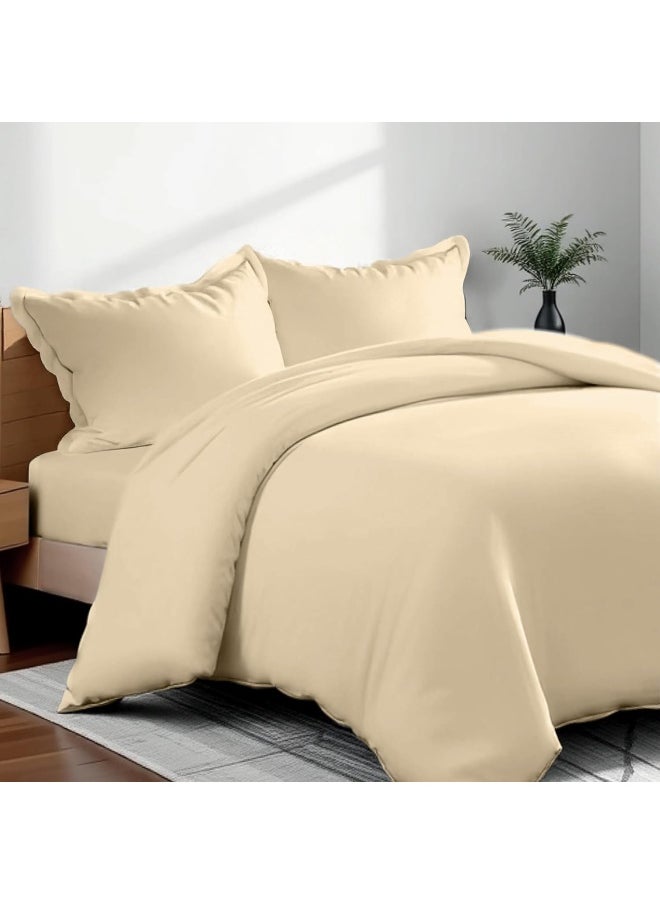 Hotel Linen Klub Double Duvet Cover 3PC Set - 350TC 100% Long Staple Cotton Sateen -Luxury Quality, Easy Button Closure, Size: 200x200cm + 2PC Pillow Sham 50 x 75+ 5cm, Beige